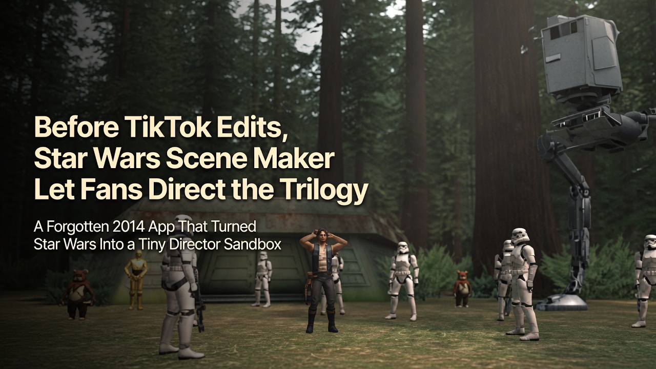 Header image for a Star Wars Scene Maker article, featuring an Endor forest base scene with stormtroopers and characters from the 2014 app.