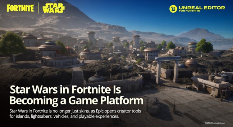 Cinematic header image showing a Star Wars inspired desert settlement in Fortnite with article text about Star Wars becoming a game platform through creator tools.