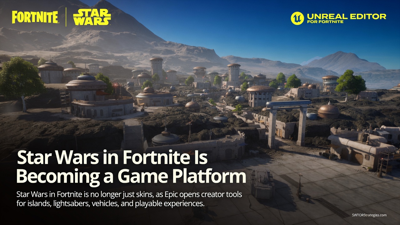 Cinematic header image showing a Star Wars inspired desert settlement in Fortnite with article text about Star Wars becoming a game platform through creator tools.