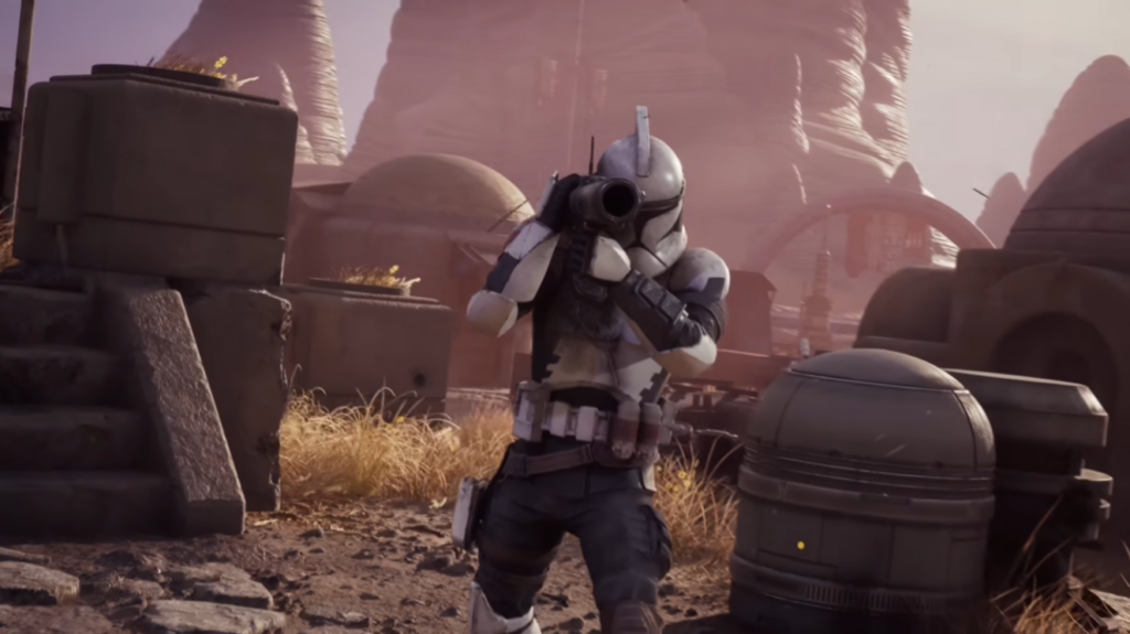 Clone trooper aiming blaster in desert settlement
