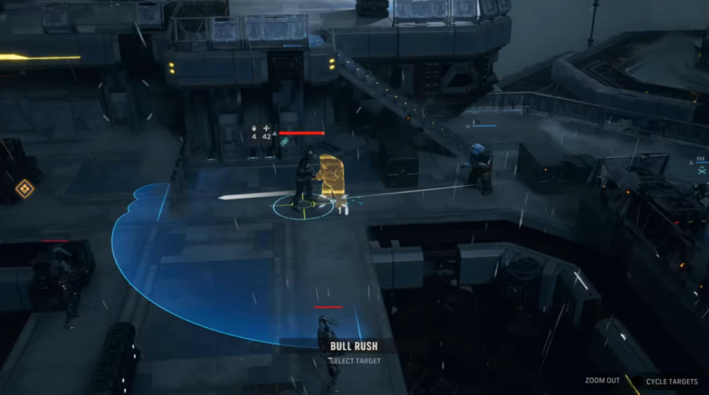 Sci-fi tactical combat on rainy industrial rooftop