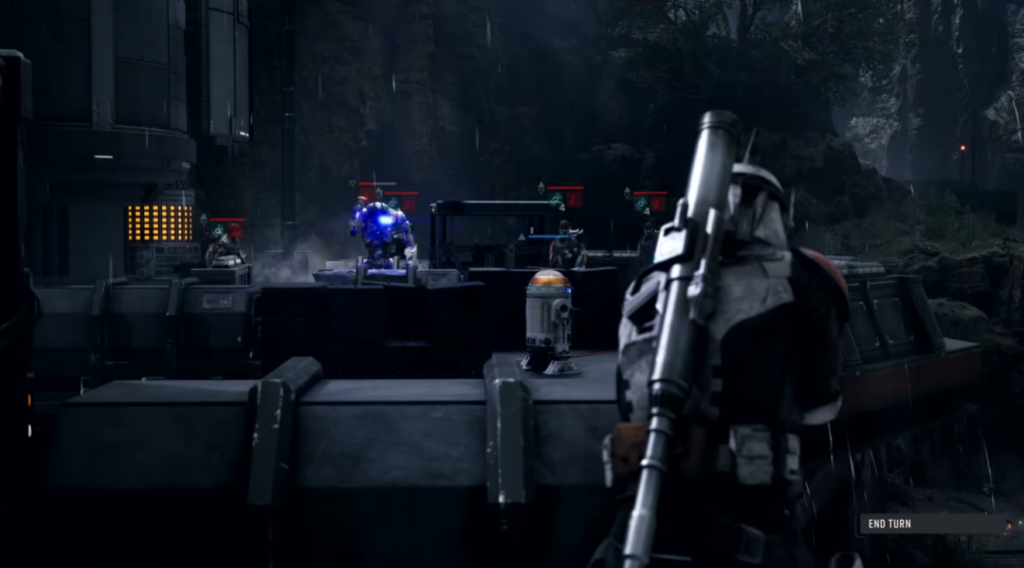 Sci-fi soldier aiming at enemies with droid nearby