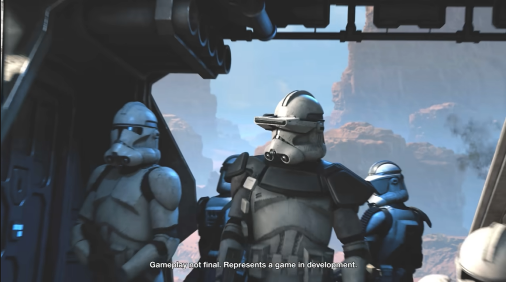 Clone troopers inside ship over rocky canyon