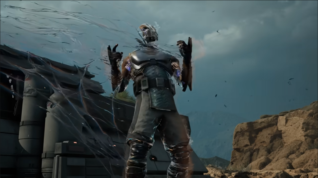 Futuristic armored figure surrounded by crackling energy outdoors