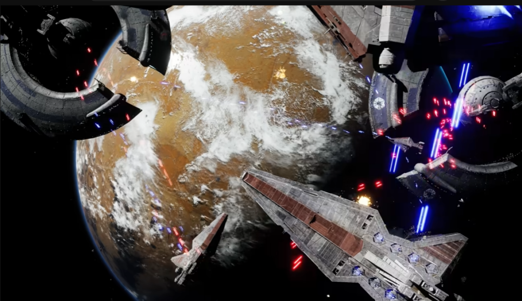 Massive space battle above desert planet