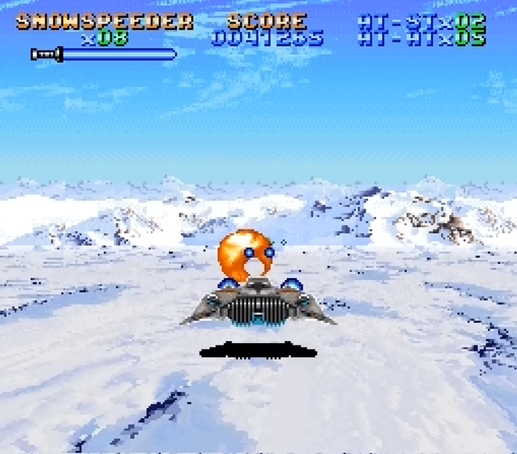 Retro snowspeeder flying over snowy landscape