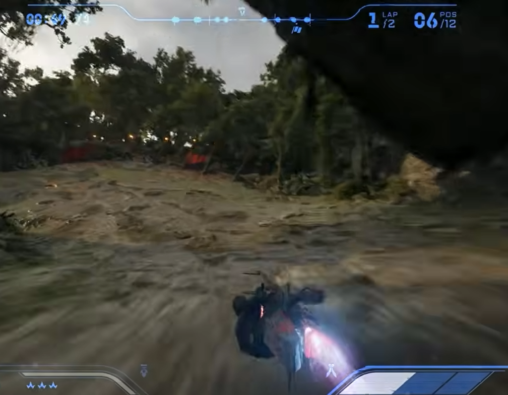 Futuristic racing game vehicle speeding through forest track