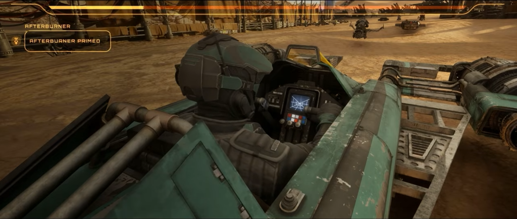 Futuristic pilot driving hover vehicle in desert battle