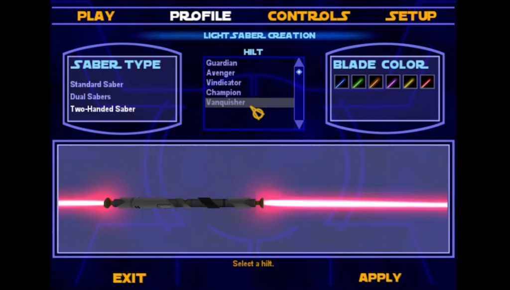 Lightsaber customization screen with red dual blade