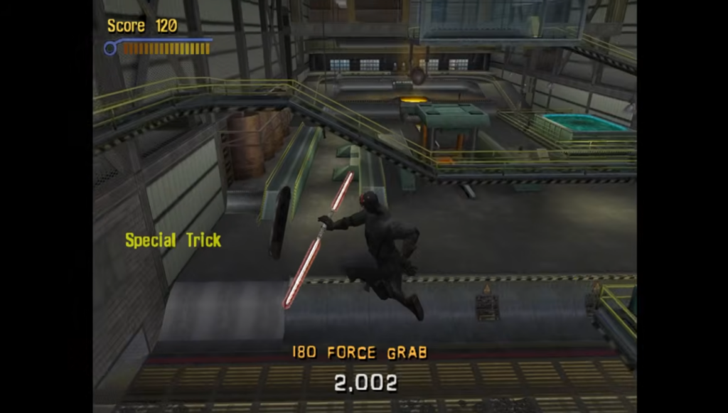 Video game character performing lightsaber trick indoors