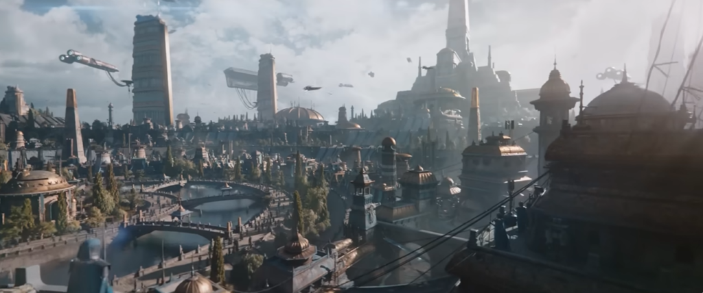 Futuristic cityscape with domes, bridges, and flying ships