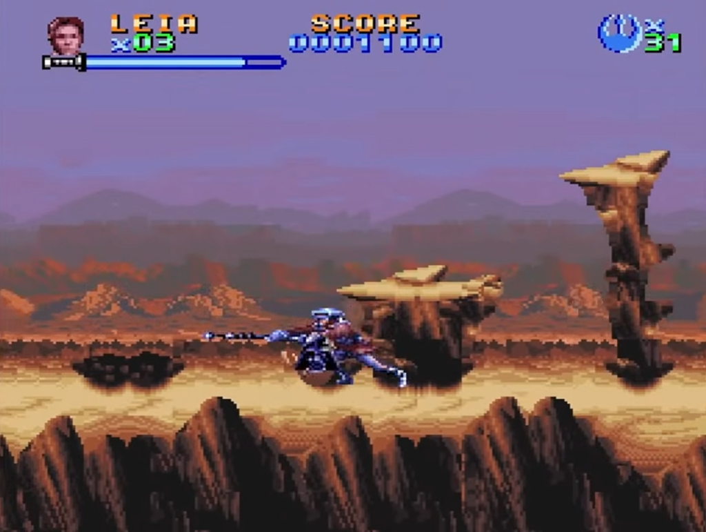 Retro game scene with Leia in desert canyon
