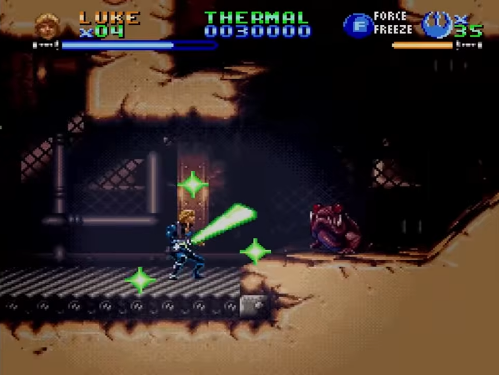 Retro Star Wars game scene with lightsaber combat