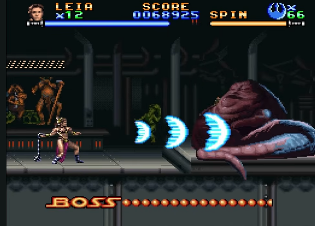 Retro game scene of Leia battling Jabba