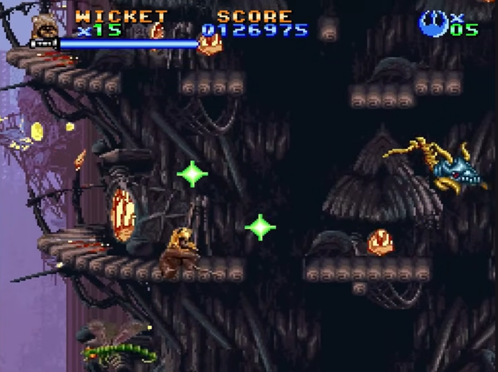 Retro Ewok platformer with flying enemy and HUD