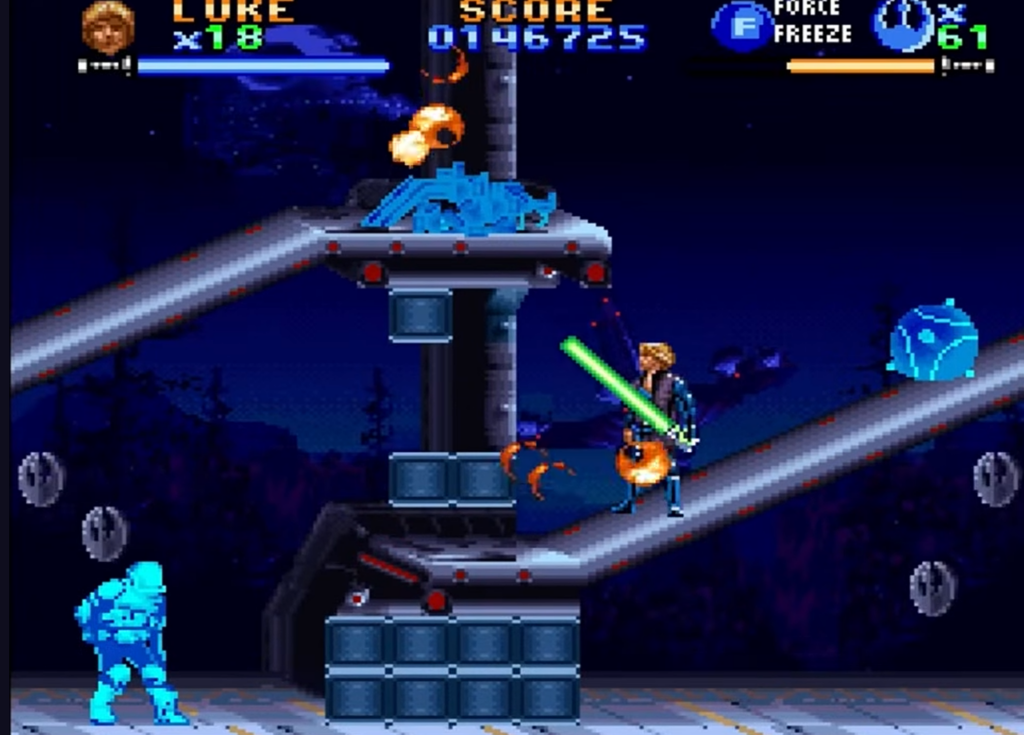 Retro Star Wars game with lightsaber battle
