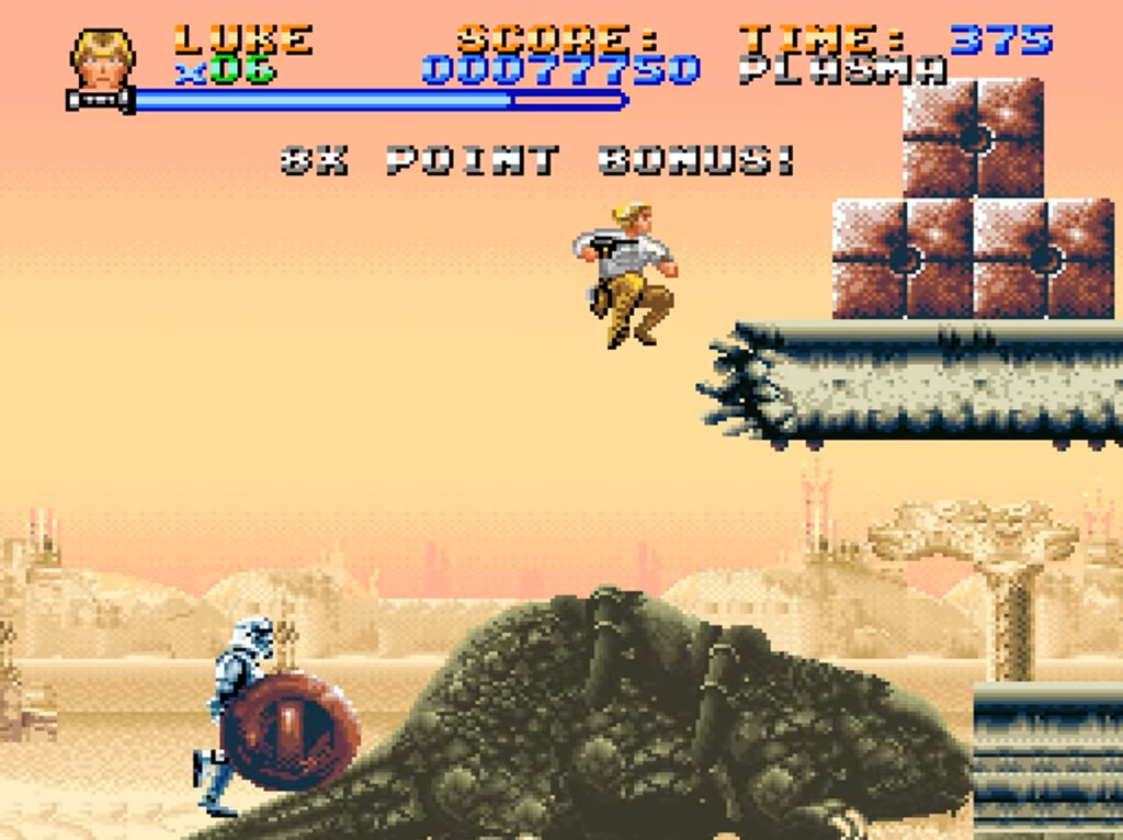 Retro Star Wars game scene with Luke jumping