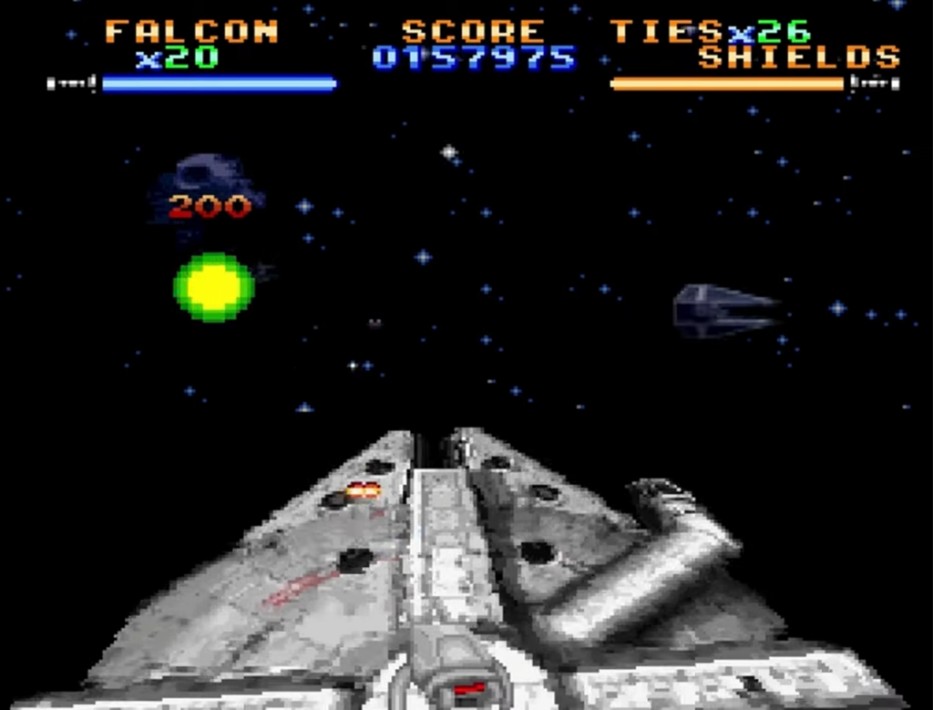 Retro Star Wars game with Millennium Falcon in space