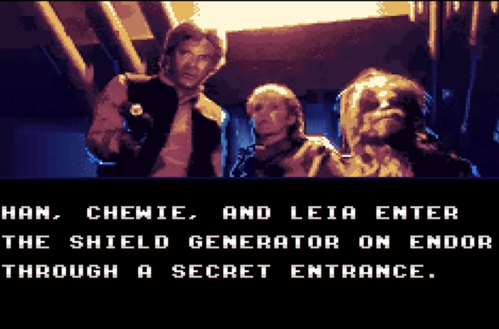Pixelated Han, Chewie, and Leia on Endor
