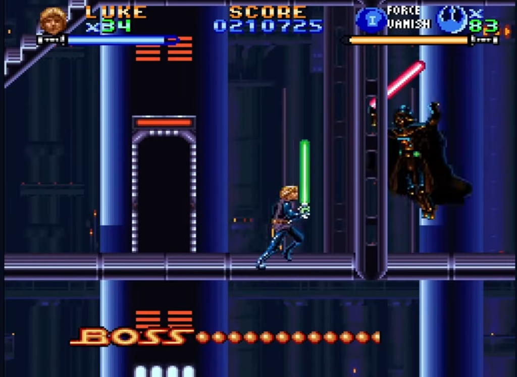 Retro Star Wars boss fight with lightsabers
