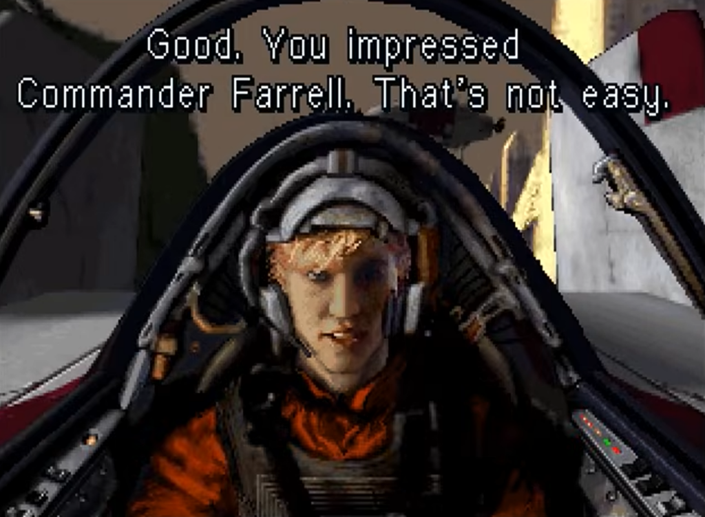Retro game pilot in cockpit with dialogue text