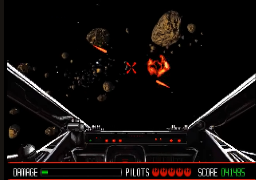 Retro space shooter cockpit battling asteroids