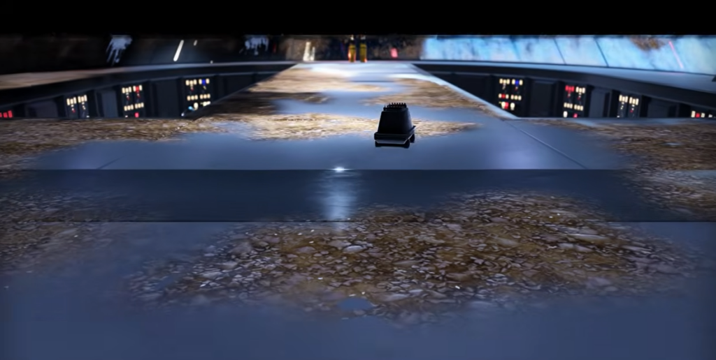 Futuristic control room with long metallic table