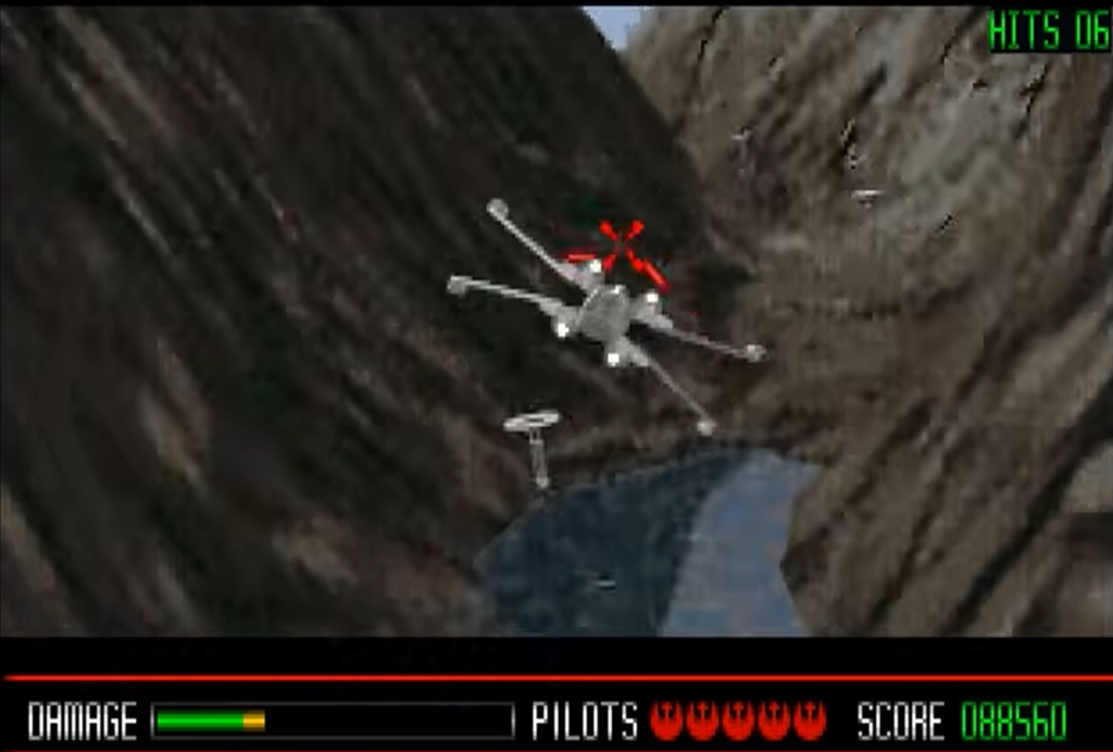 Retro space fighter flying through canyon gameplay