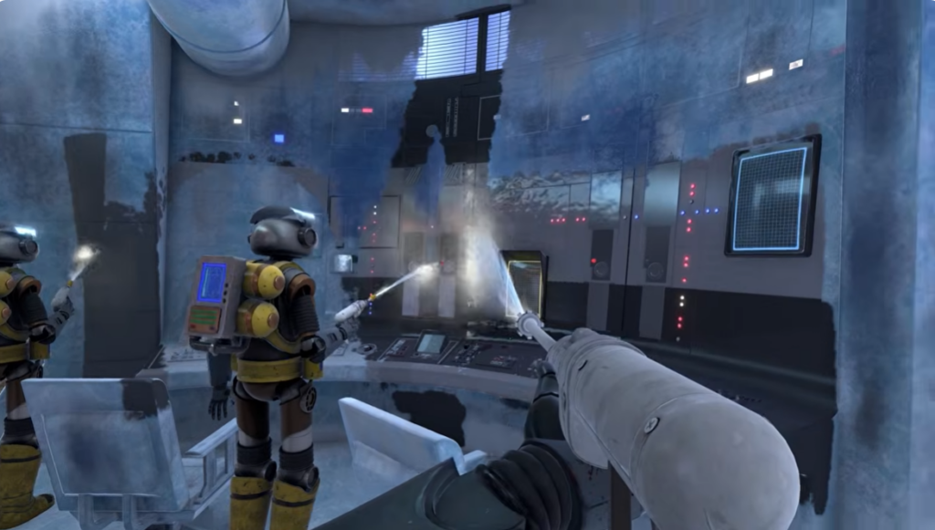 Hazmat workers cleaning futuristic control room interior