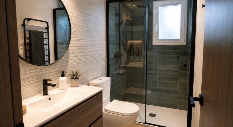 Modern bathroom with glass shower and wooden vanity
