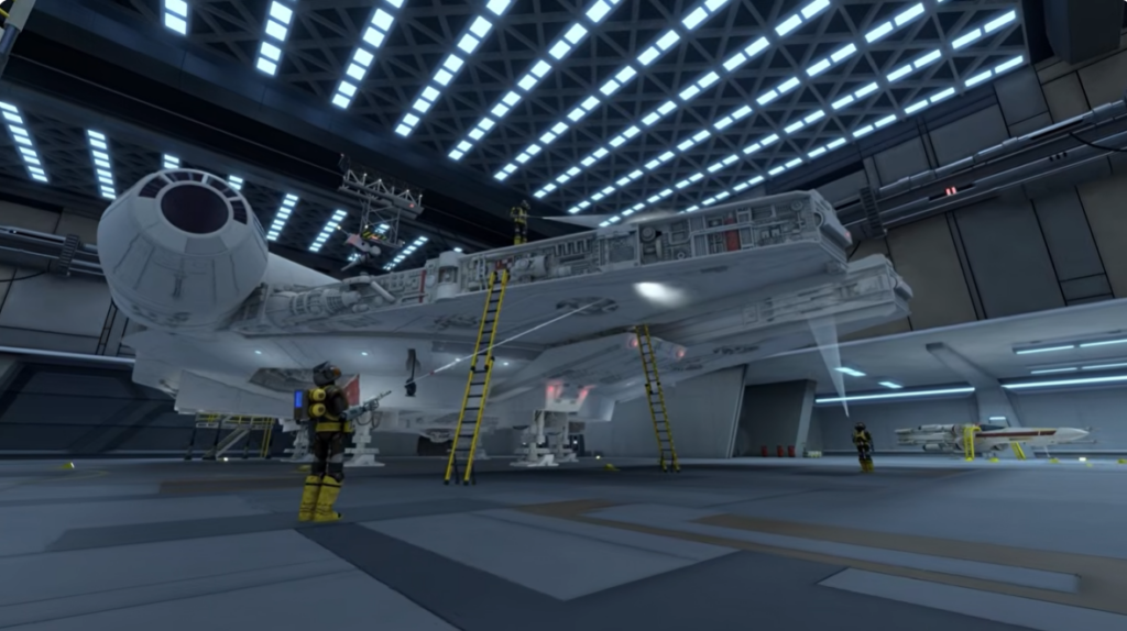 Futuristic spaceship undergoing maintenance inside large hangar