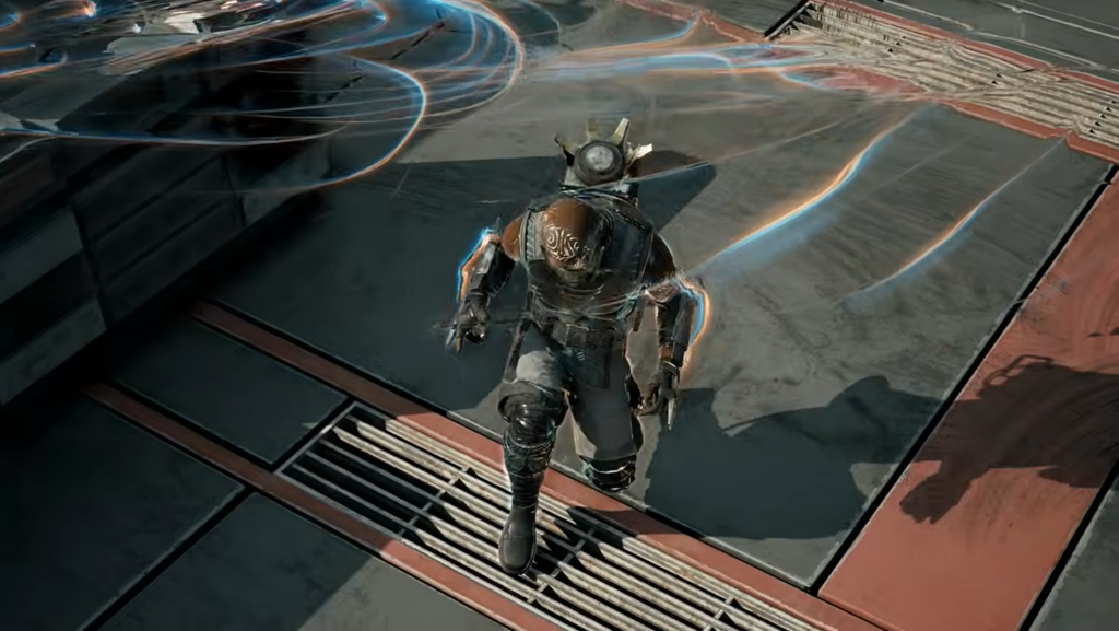 Armored futuristic figure running with glowing energy trails