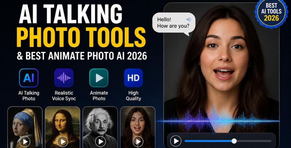 AI talking photo tools promotional banner with speaker