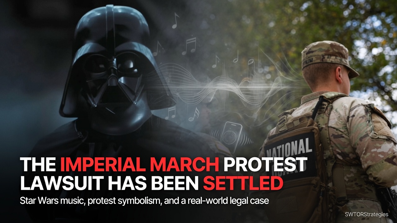 Editorial image showing a dark imperial-style figure beside National Guard troops for an article about The Imperial March protest lawsuit.