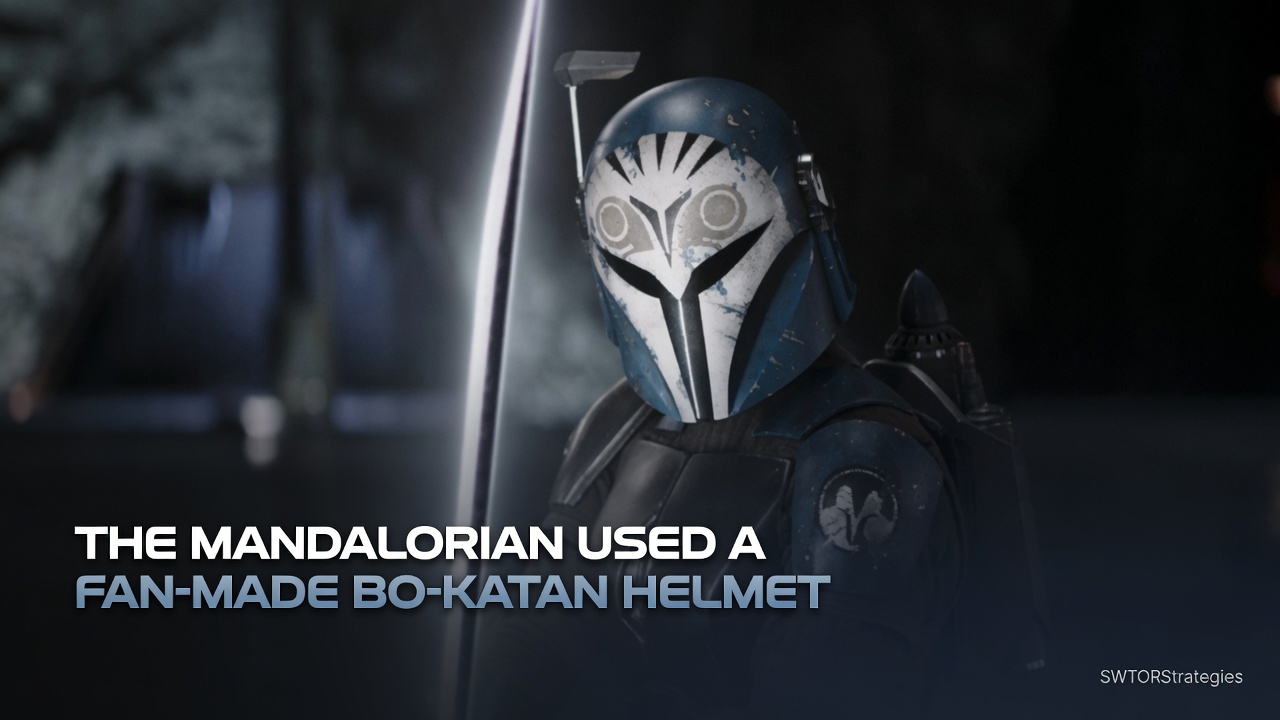 Bo-Katan in The Mandalorian wearing her helmet in a cinematic scene, used for an article about a fan-made helmet being used in production.