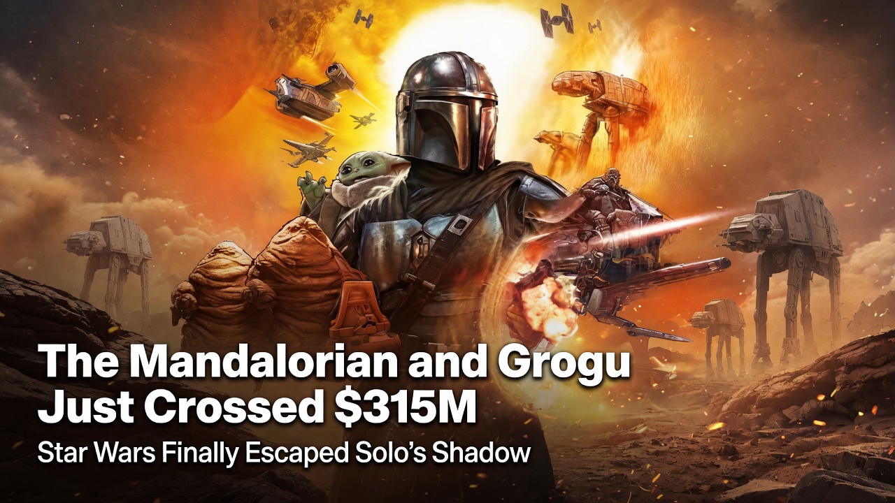The Mandalorian and Grogu in a cinematic Star Wars header image for an article about the film crossing $315 million at the global box office.