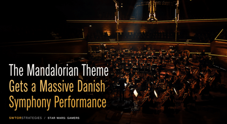 Danish National Symphony Orchestra performing The Mandalorian theme in a dramatic concert hall setting with Star Wars-inspired title text.