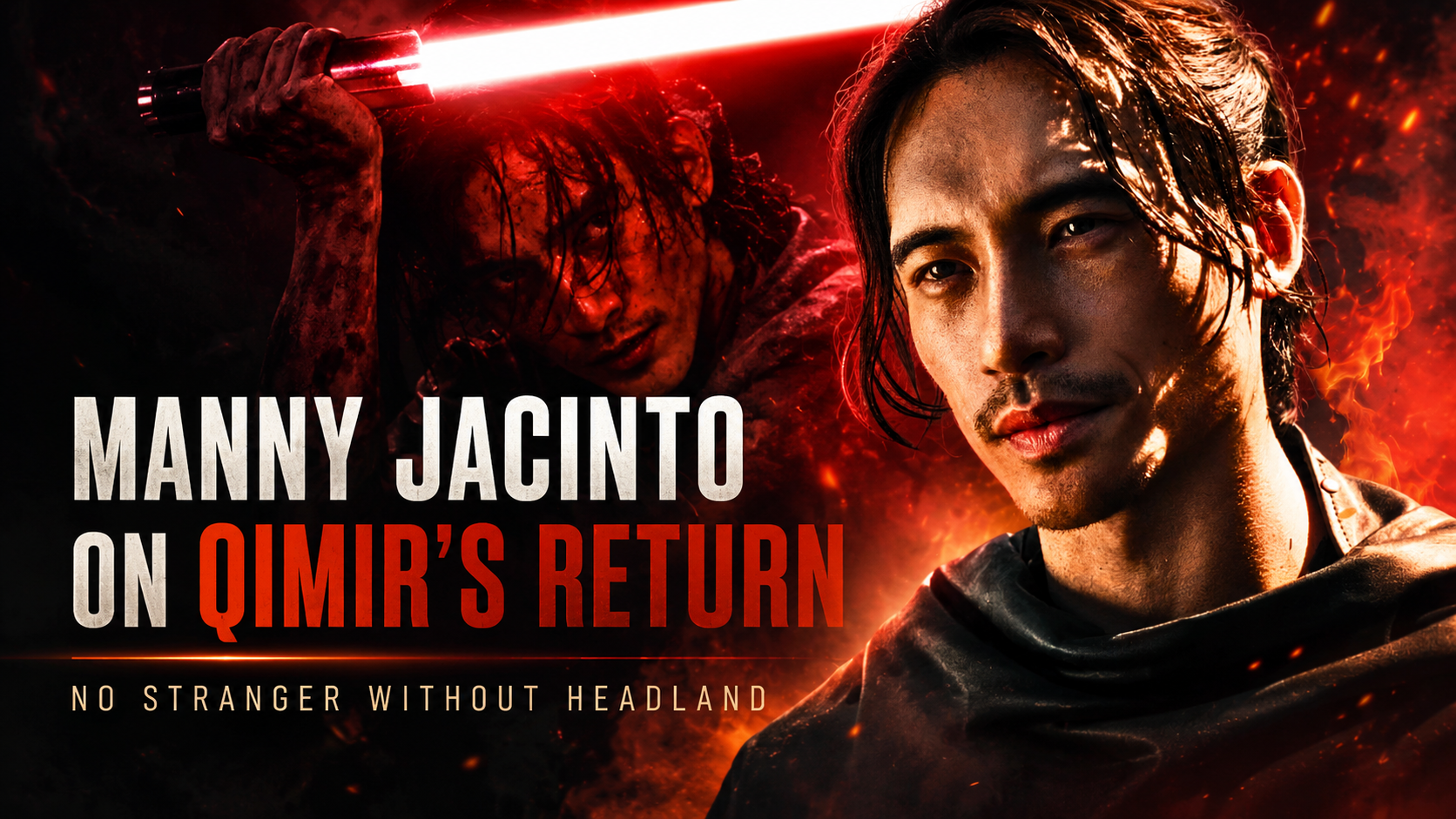 Manny Jacinto as Qimir from The Acolyte in a dramatic Star Wars header image about The Stranger’s possible return.