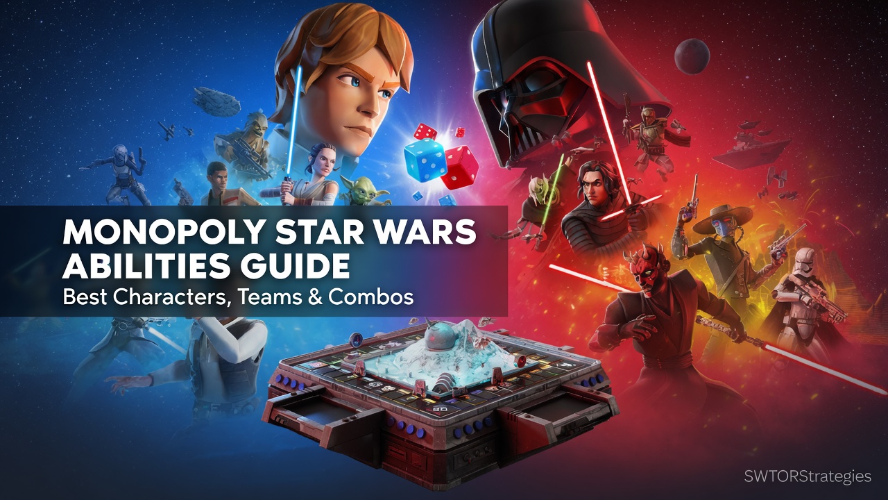 Monopoly Star Wars Heroes vs Villains abilities guide showing heroes, villains, character powers, and board game strategy.