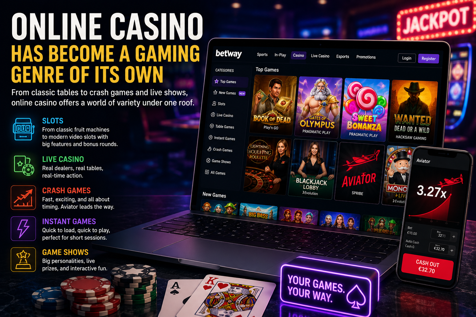 Online casino lobby on laptop and phone showing slots live casino crash games instant games and game show formats