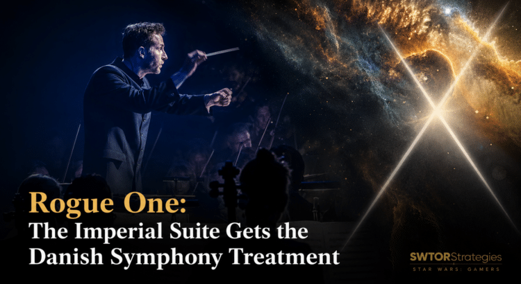 Rogue One: The Imperial Suite header image featuring a live orchestra conductor with dramatic space visuals and title text about the Danish symphony performance.
