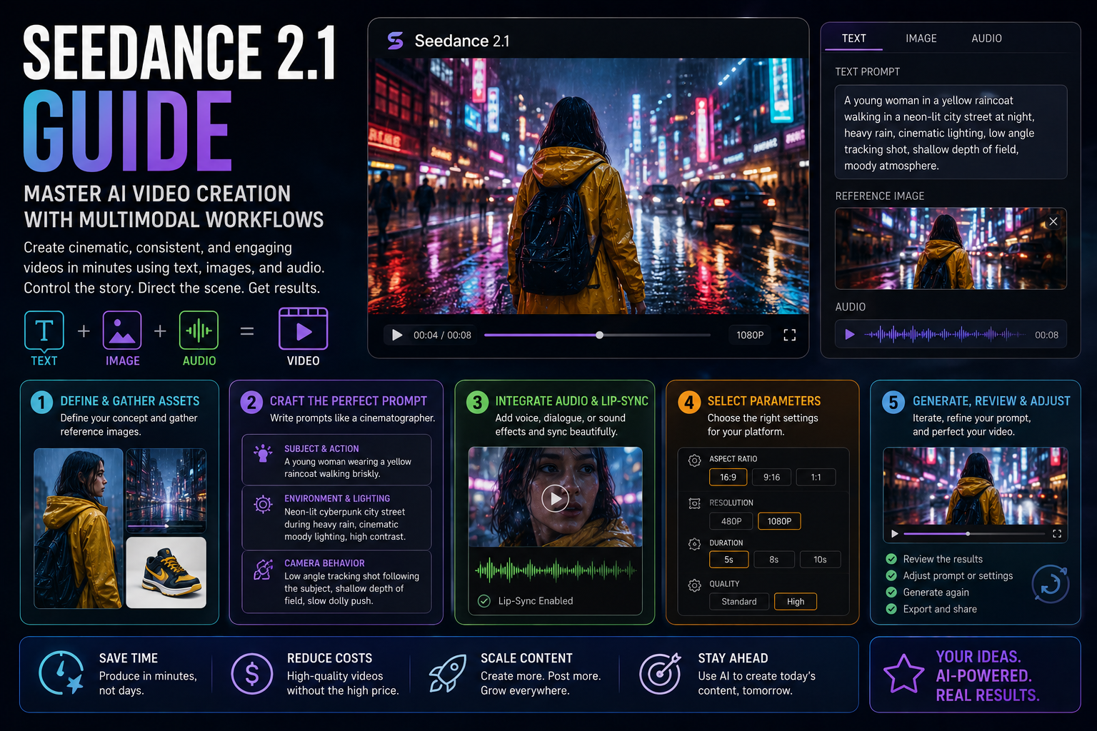 Infographic showing Seedance 2.1 AI video creation workflow with text image and audio inputs for cinematic video generation