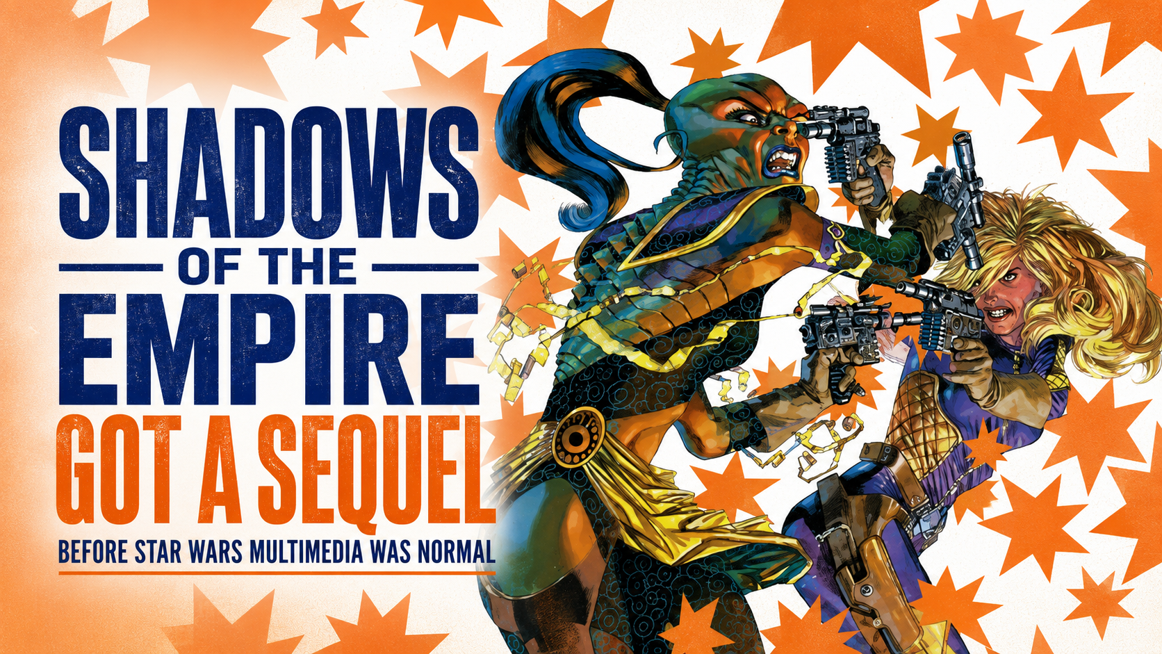 Star Wars: Shadows of the Empire Evolution header image featuring Guri in combat and title text about the sequel comic and early Star Wars multimedia storytelling.