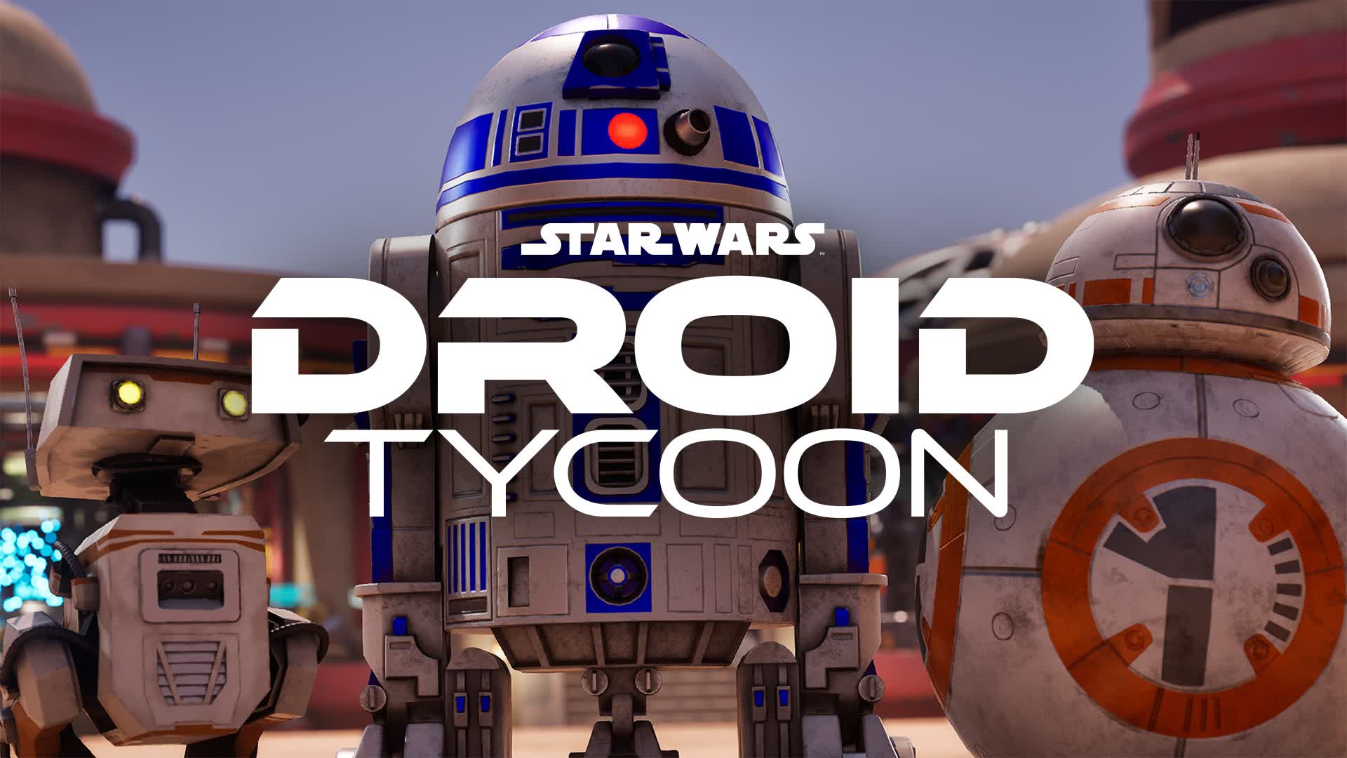 Star Wars: Droid Tycoon promotional image featuring R2-D2, BB-8, and another droid for a Fortnite creator experience article.