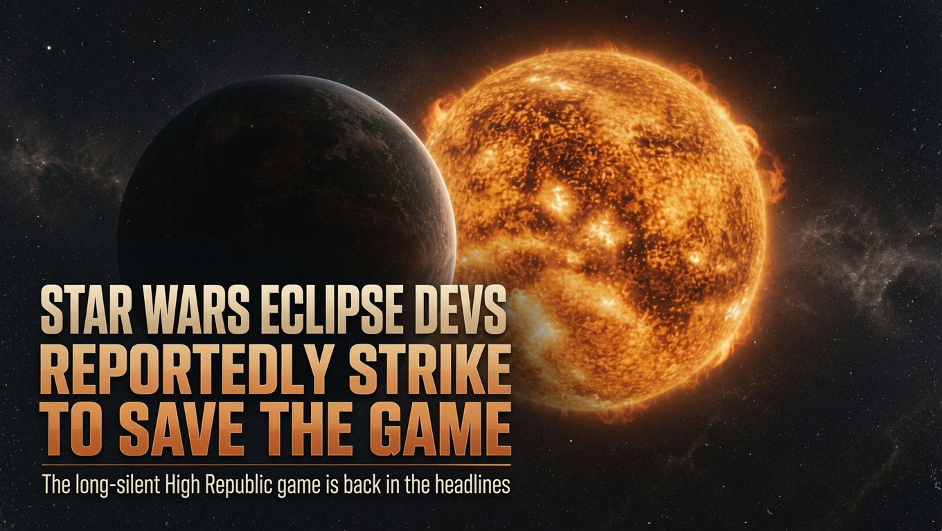 Star Wars Eclipse devs reportedly strike to save the game. Dramatic space scene with dark planet and fiery sun showing the headline about the High Republic game returning to headlines.