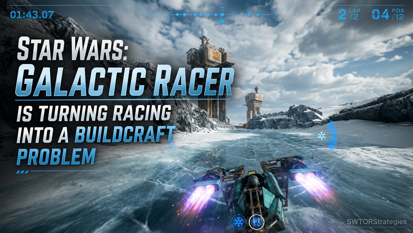 Star Wars: Galactic Racer racing across an icy track with title text about buildcraft-focused racing gameplay.