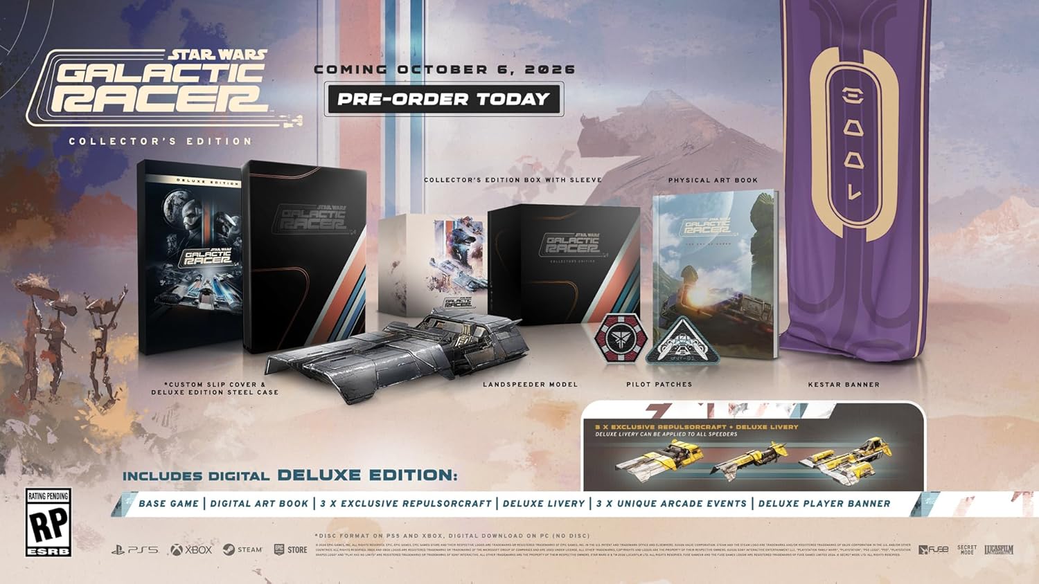 Star Wars: Galactic Racer Collector’s Edition image showing the steel case, art book, landspeeder model, pilot patches, banner, and deluxe edition bonuses.