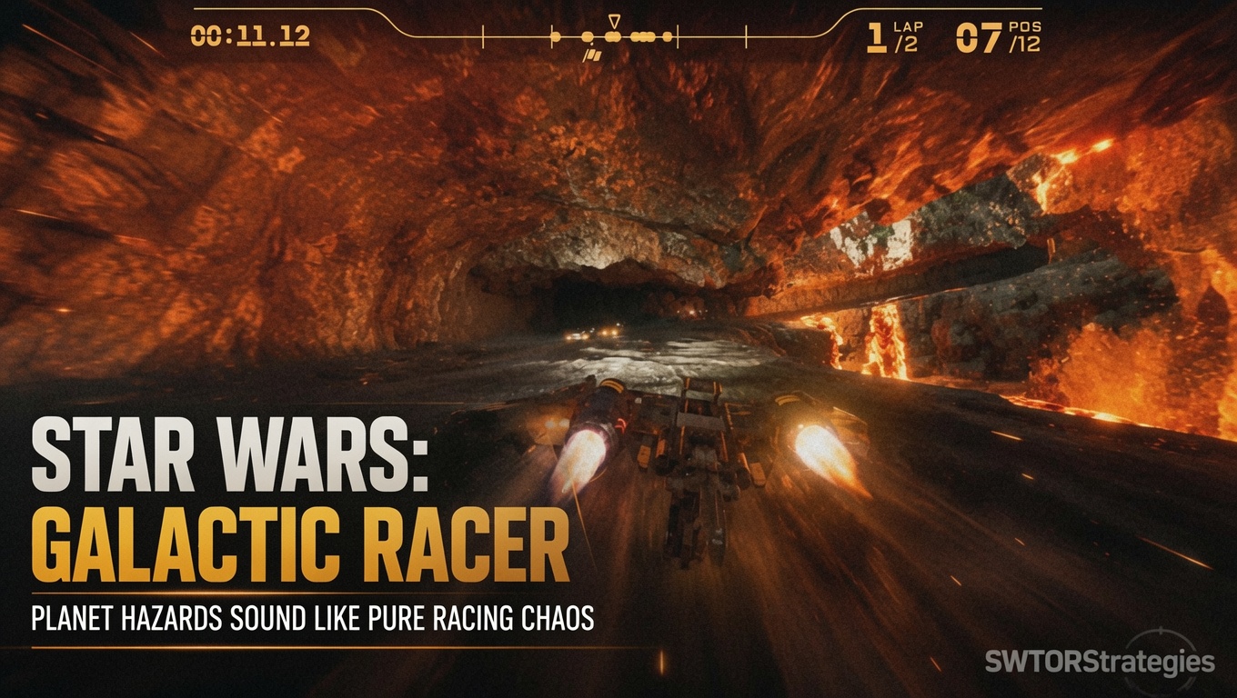 Star Wars Galactic Racer header image showing a racer speeding through a lava-filled cave with text about planet hazards and racing chaos.