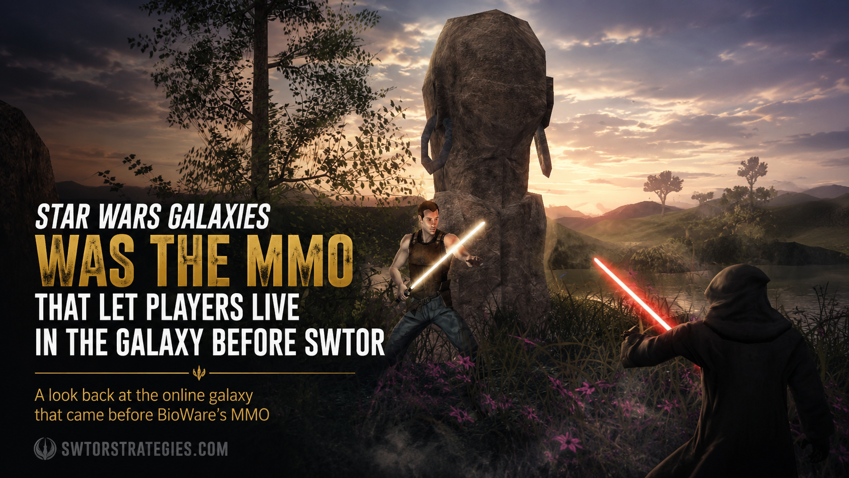 Star Wars Galaxies inspired header image showing a lightsaber duel in a natural landscape with title text about the MMO that came before SWTOR