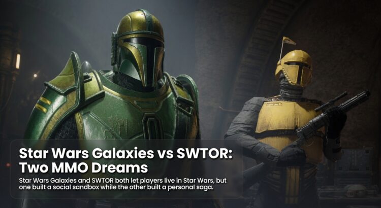 Two armored Star Wars characters in a cinematic sci-fi setting used as a header image for an article comparing Star Wars Galaxies and SWTOR.